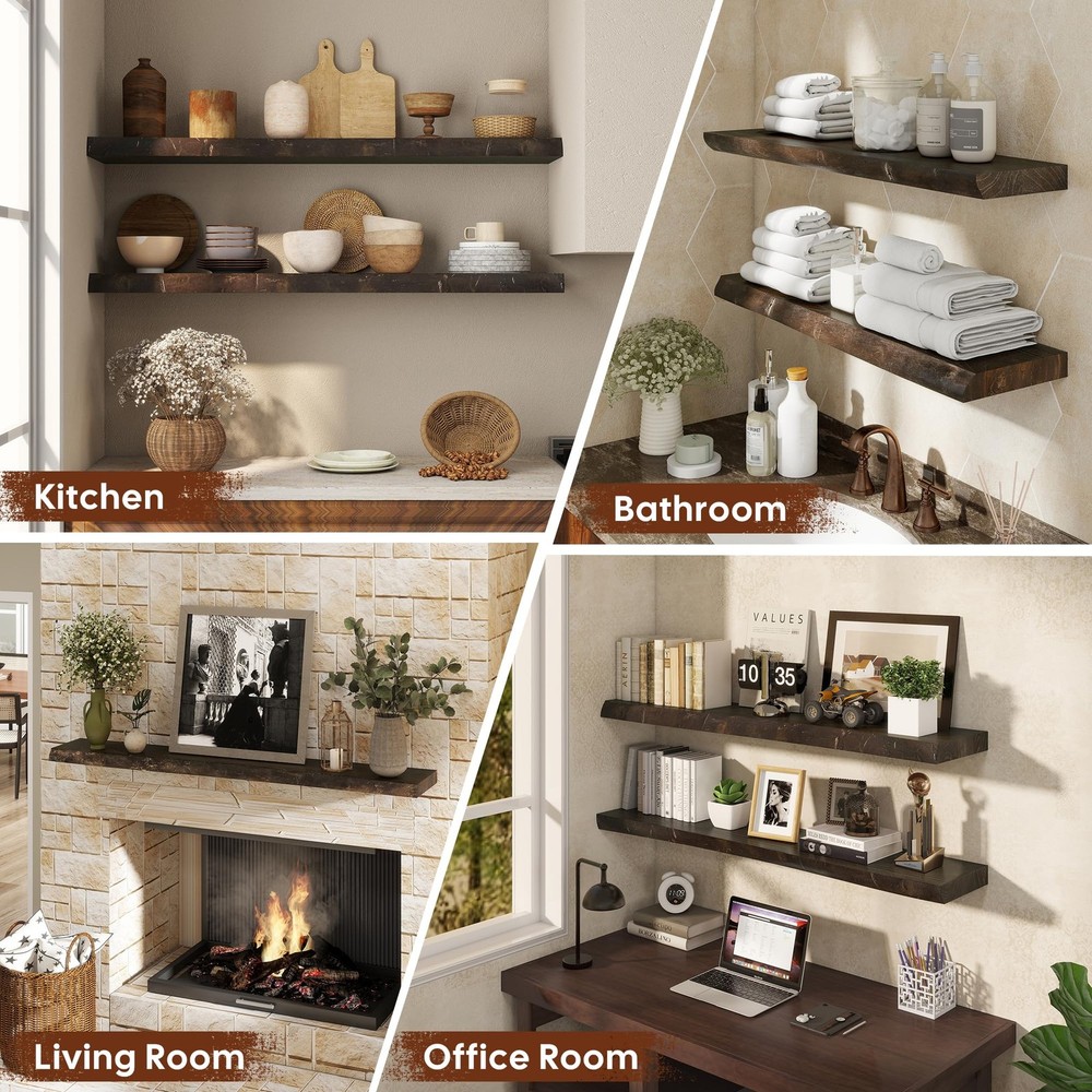 48" Rustic Elm Floating Shelves - Solid Wood Live Edge with Invisible Bracket...
