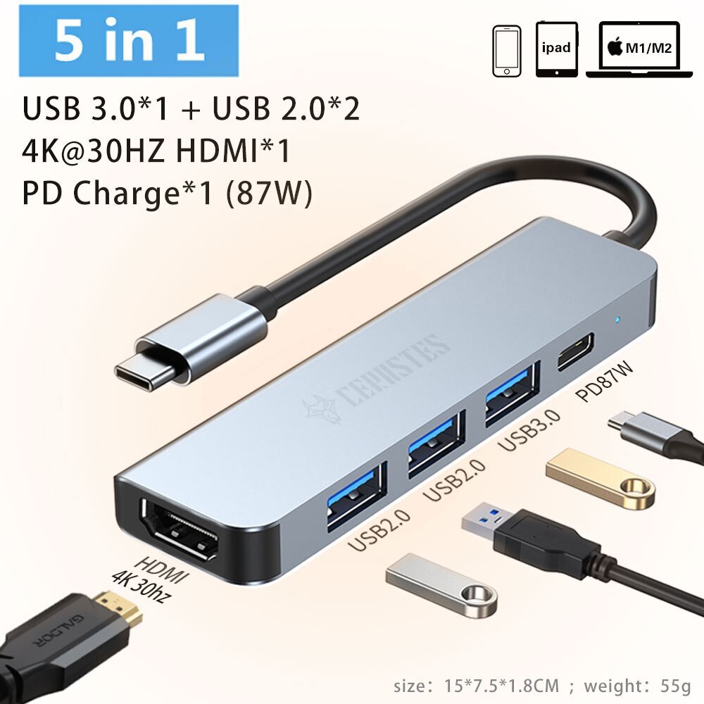 USB 3.0 Type C to HDMI-compatible USB Splitter Adapter for MacBook Laptop PC