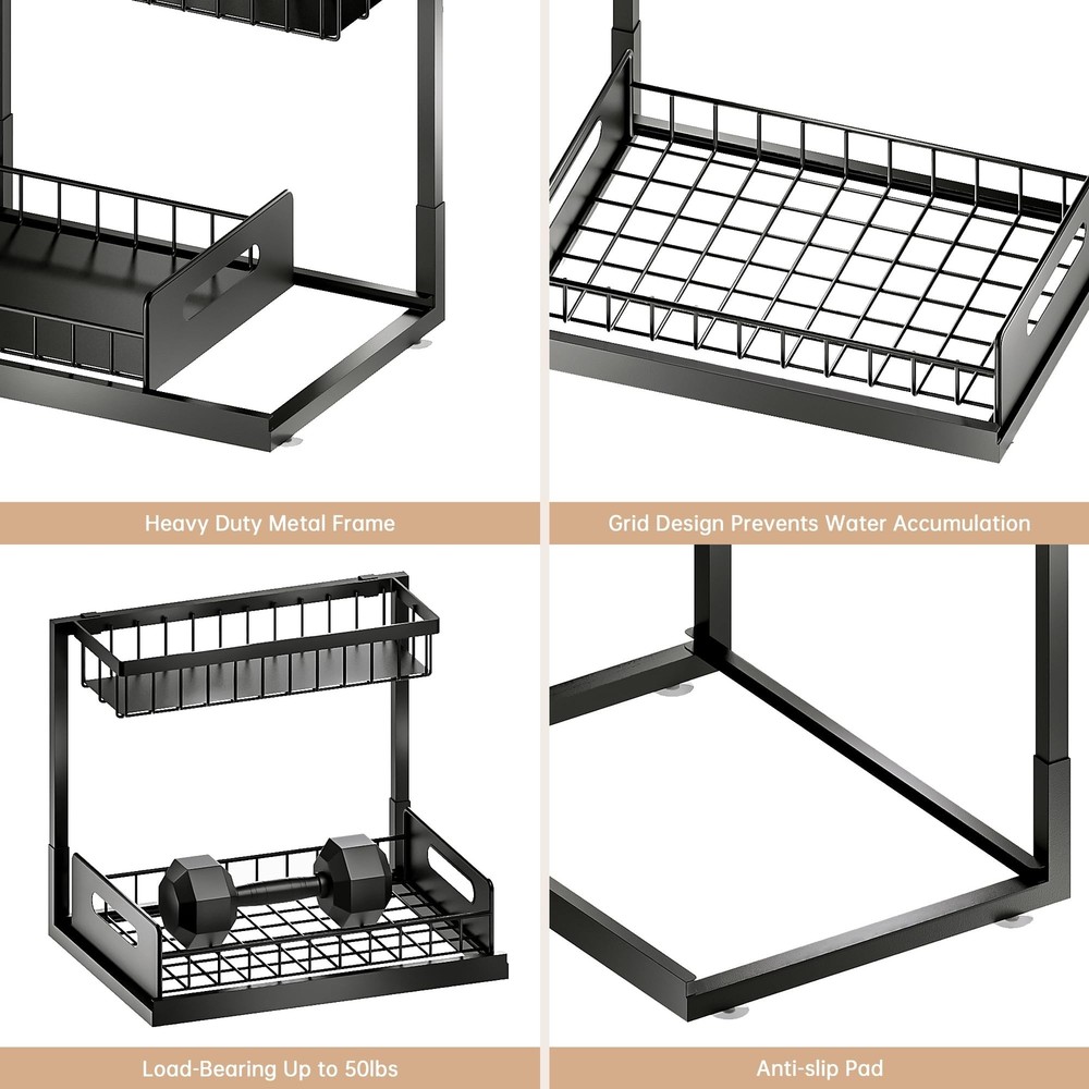 VUSIGN Under Kitchen Sink Organizer 2 Tier, Pull Out Under Sink Organizers an...