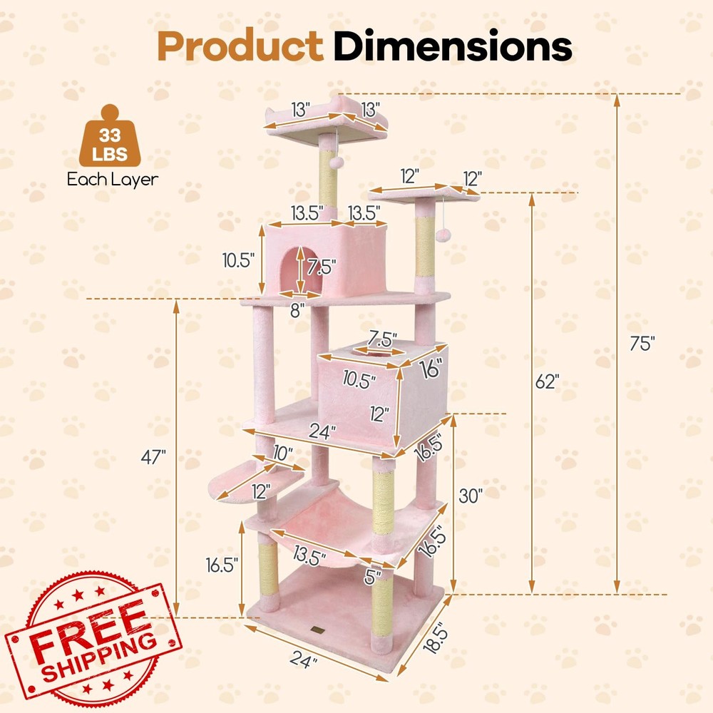 DORTALA Cat Tree Pink 75" Tall Multi-Level Condos Scratching Posts Hammock