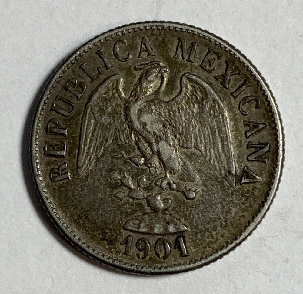 1901-Cn Q Mexico 20 Centavos Second Republic Silver Clean Fields Luster