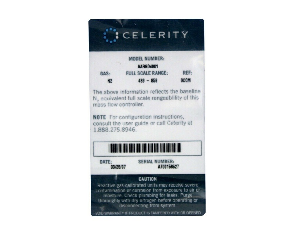 CELERITY MASS FLOW CONTROLLER, GAS N2, RANGE 439-858, AARGD4001, NEW