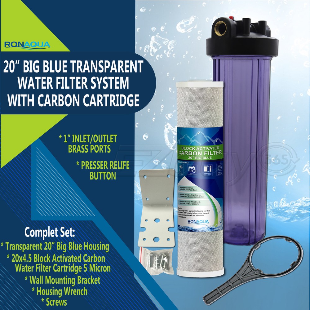 20"Transparent Big Blue Water Filter Purifier System with Carbon Block Cartridge