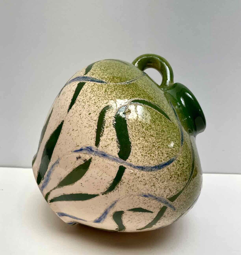 Handmade Pottery Jug Ewer w Handle Applied Multicolor Fish Bubbles Green Signed