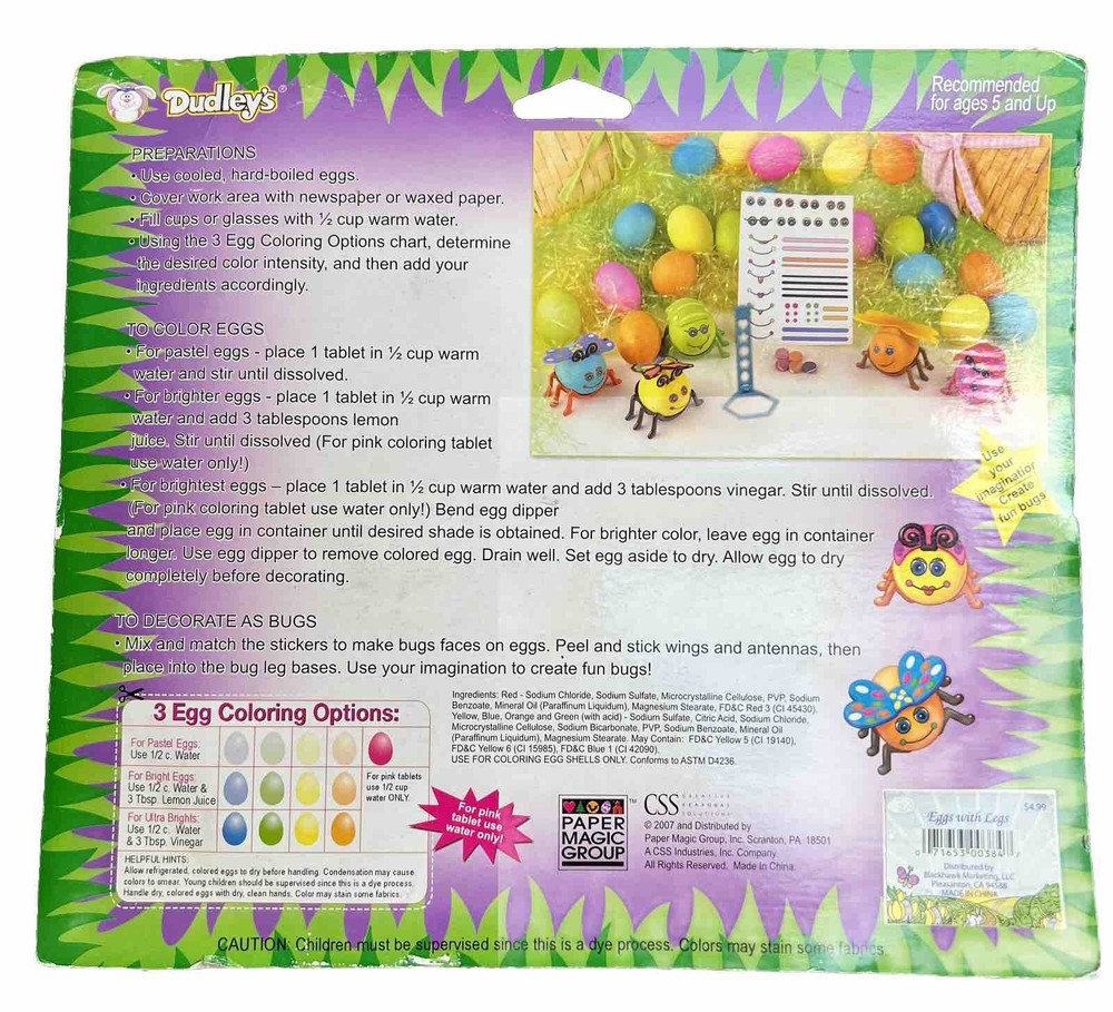 Dudley's Eggs With Legs 2007 Bug Easter Egg Decorating Kit Stickers NOS