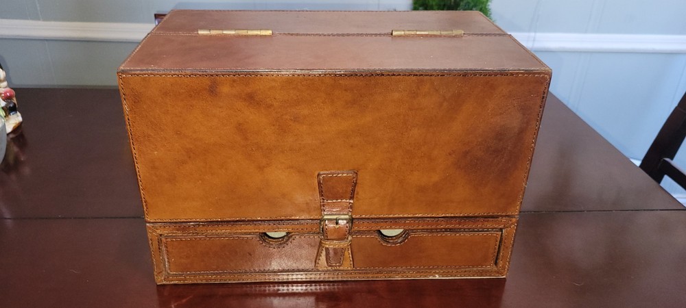 Antique Leather Bound Desk Organizer With Buckle Lock
