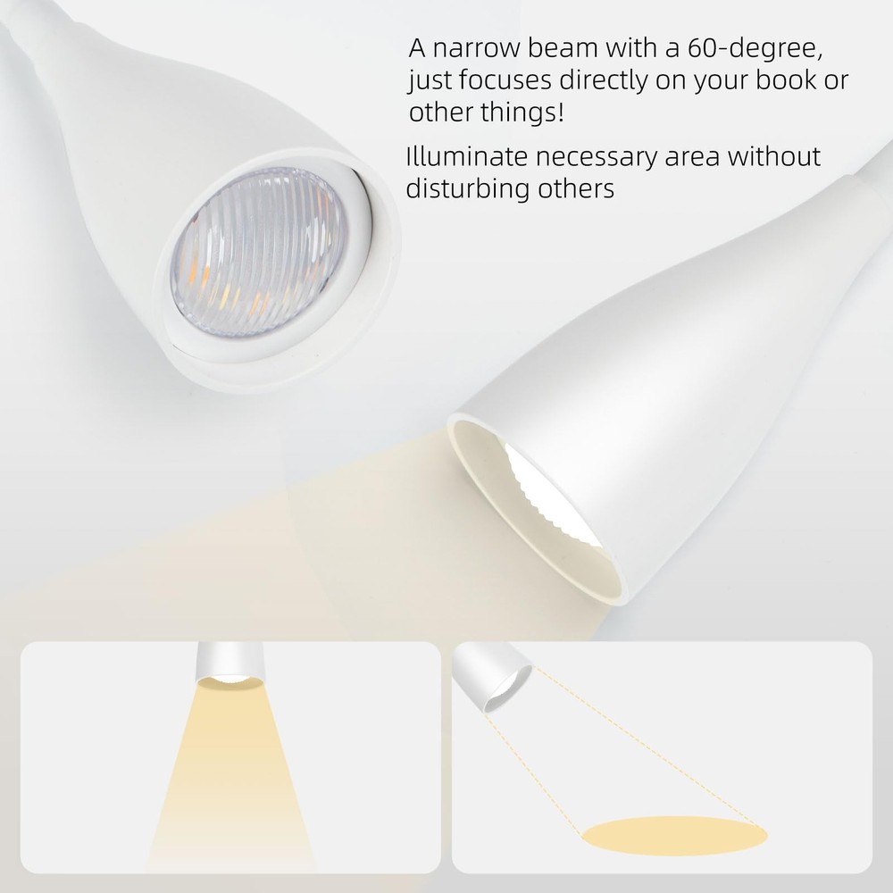 Wall-Mounted LED Bedside Reading Light with USB Charging Port, 10-Level White