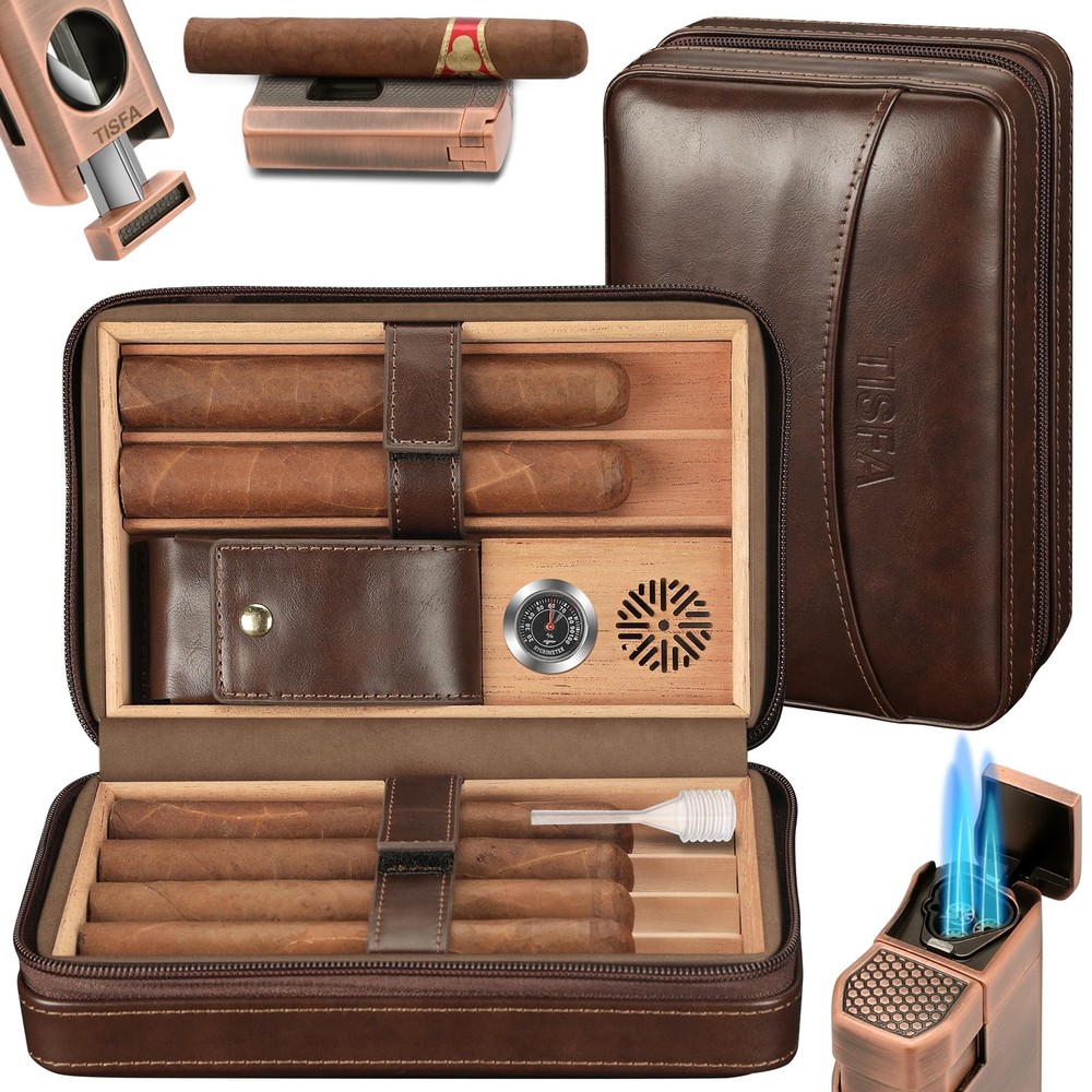 TISFA Cigar Humidor, Leather Case with Medium, Dark Brown