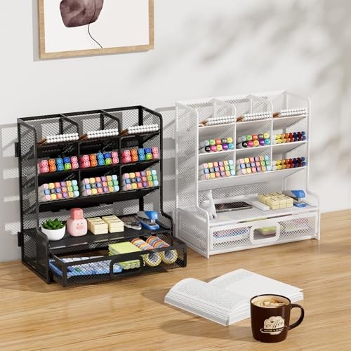 Larger Mesh Desk Organizer with Drawer, Multi-Functional Pen Pencil Black