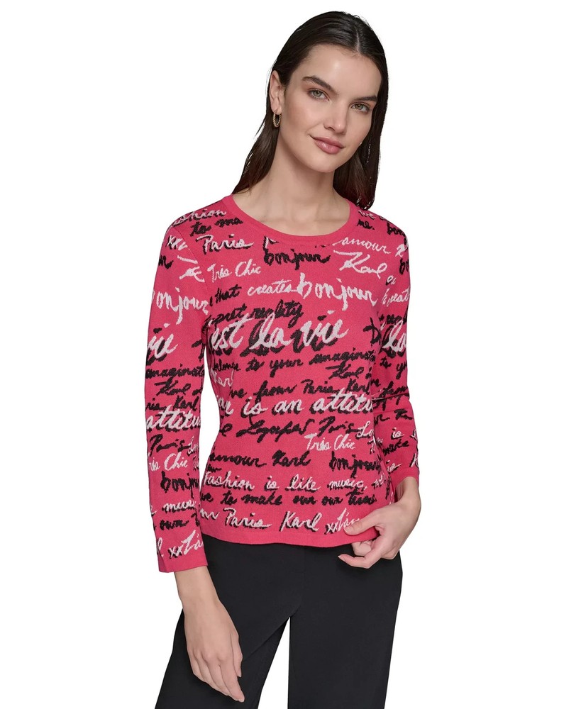 KARL LAGERFELD PARIS Allover Script Sweater Women's XS Teaberry Multi Pullover