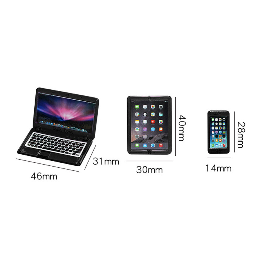 3PCS Dollhouse 1:12 Laptop NoteBook Computer Phone Miniature Decor Accessory Toy