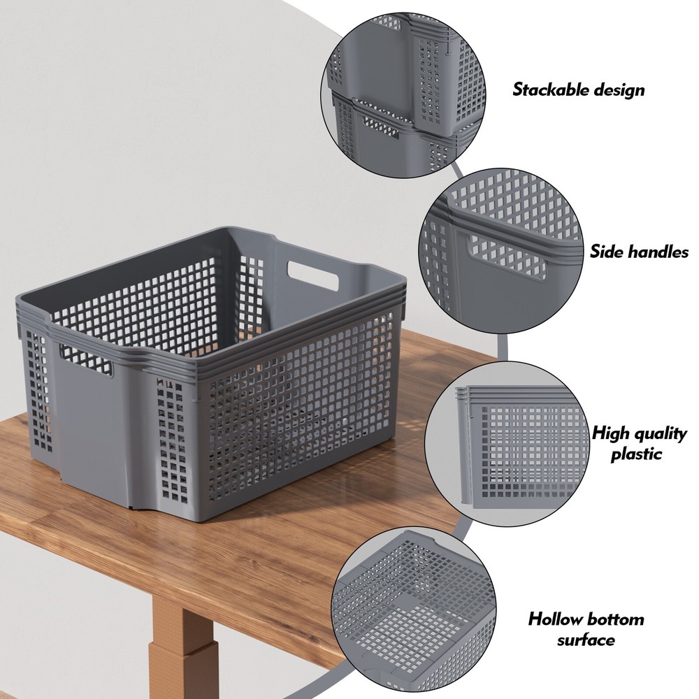 6-Pack Stackable Plastic Woven Basket Organizer, Stacking Storage Basket, Grey