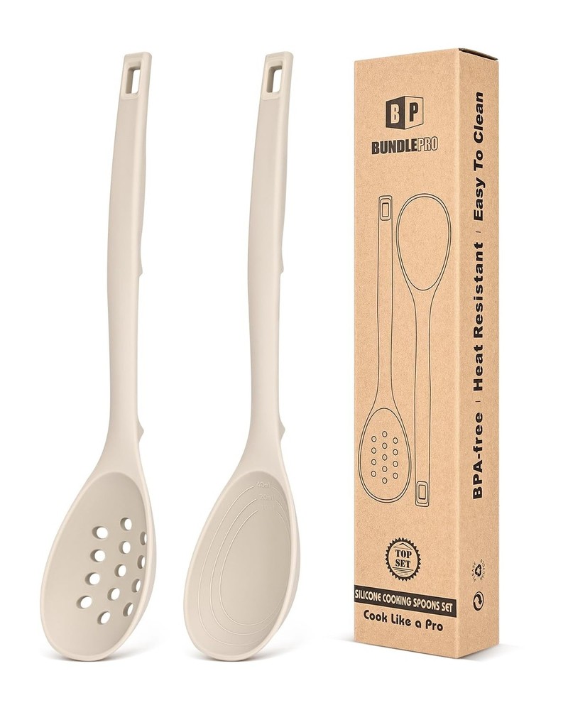 Pack of 2 Silicone Cooking Spoons, Non Stick Solid Kitchen Spoon with Measuri...