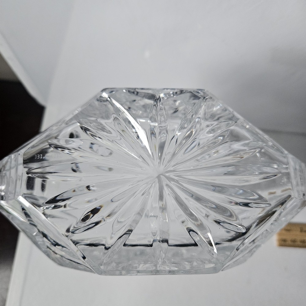 Vintage Block Cut Crystal Triangular Decanter & Stopper Olympic Pattern Heavy