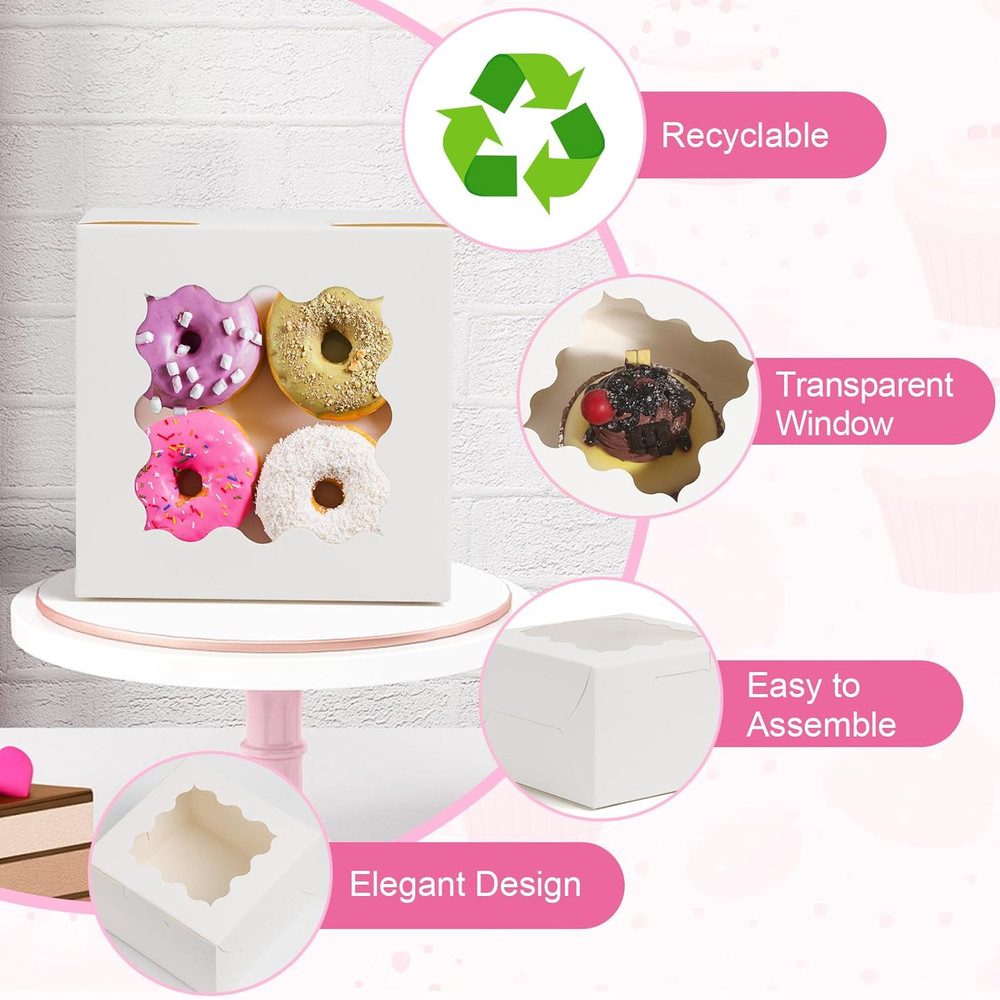 26Pcs White Cookie Boxes with Window, 4X4X2.5 Inches Small Bakery Boxes with 36P