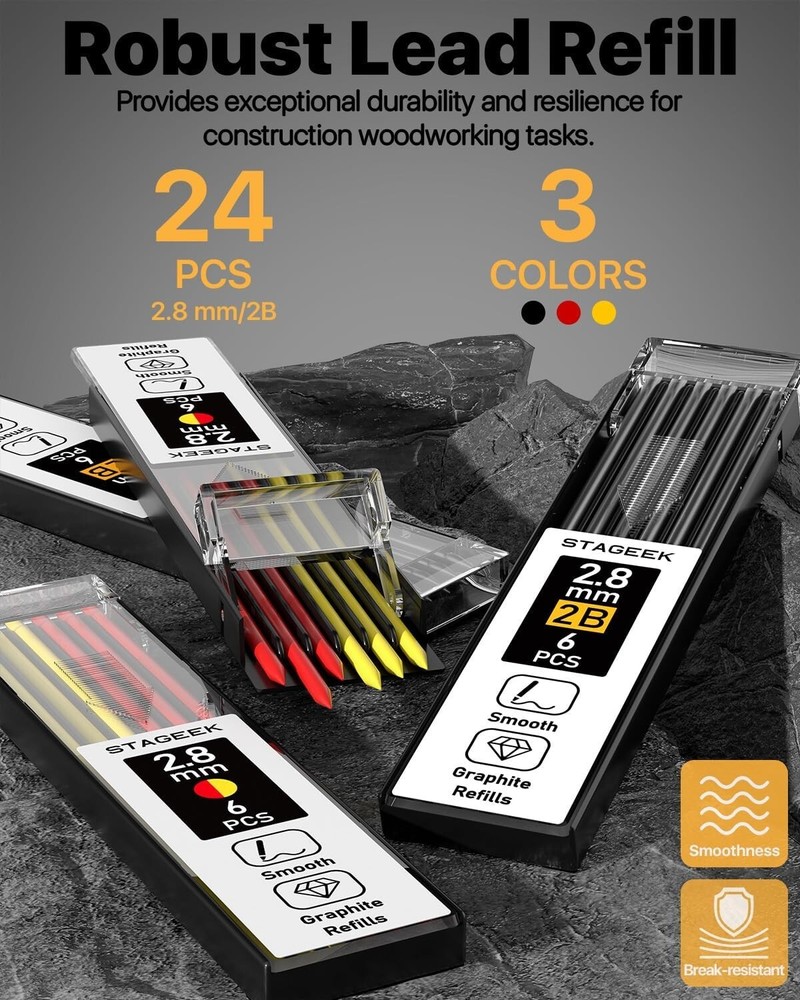 Carpenter Pencil with Sharpener, Mechanical Pencils Set with 26 Refills,