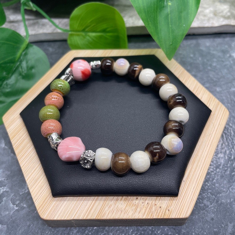 Handmade Ceramic Bead Beaded Stackable 6.5” Plus Stretch Bracelet New B522