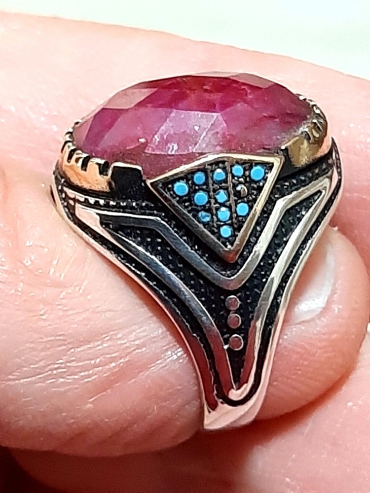 Mens 925 Ruby Turquoise Solitaire Silver Ring Man Sterling $