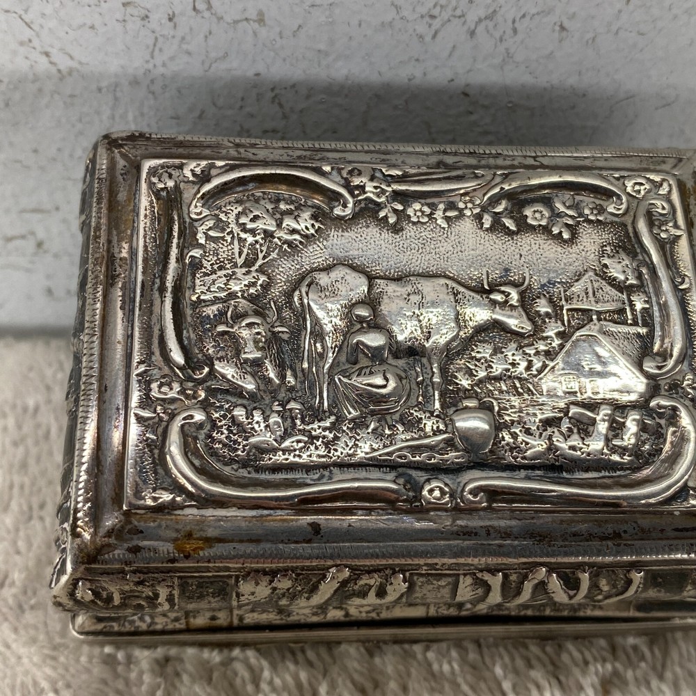 German 19th Century Embossed Farm Scene Solid Silver Table Snuff Box