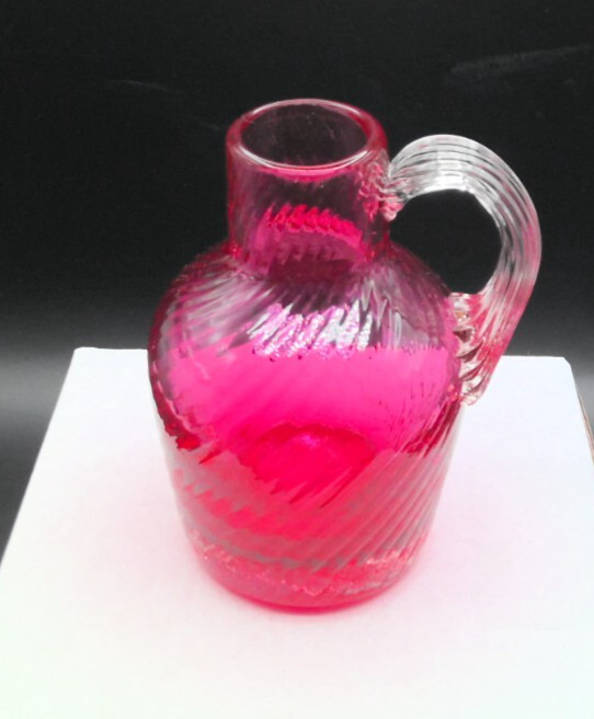 Mini Hand-Blown Cranberry Glass Jug with Handle Unsigned