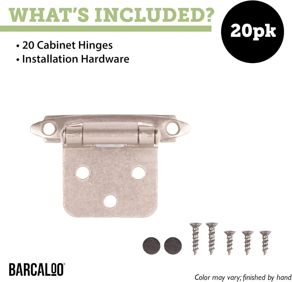 Self Closing Cabinet Hinges Satin Nickel, 20 Pack - Variable Overlay Flush Kitch
