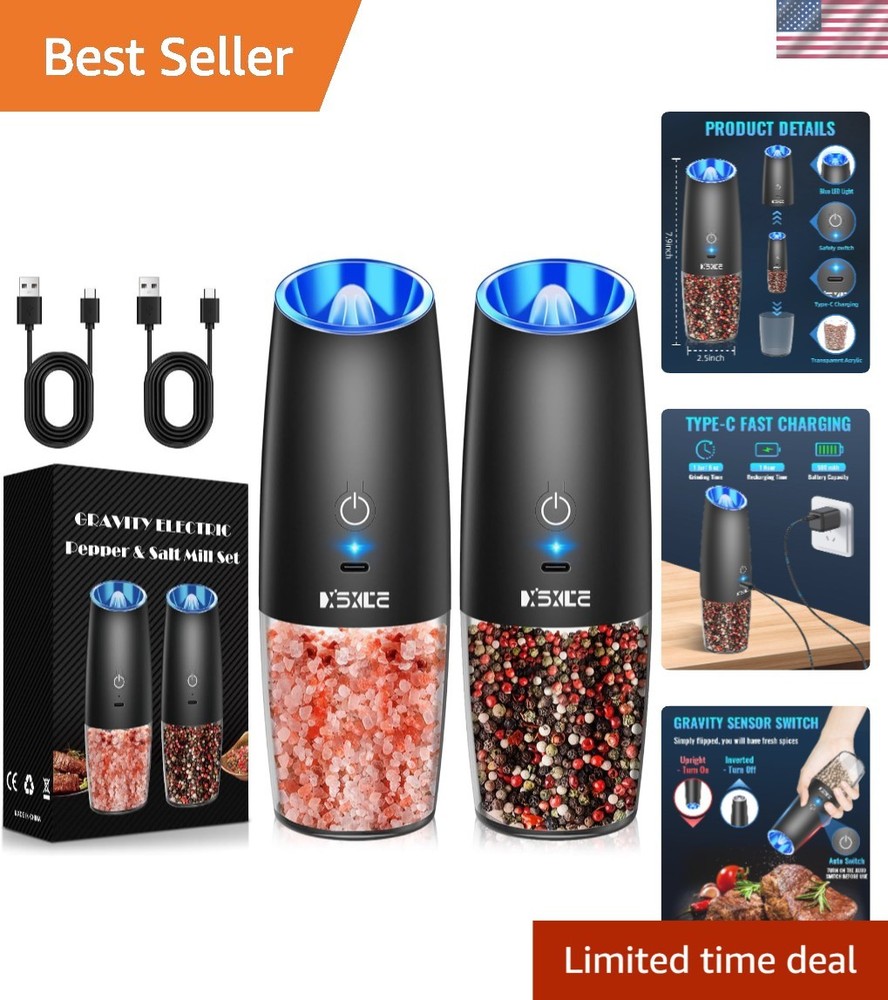 USB Rechargeable Spice Grinder Set with LED & One-Hand Operation - Black 2-Pack