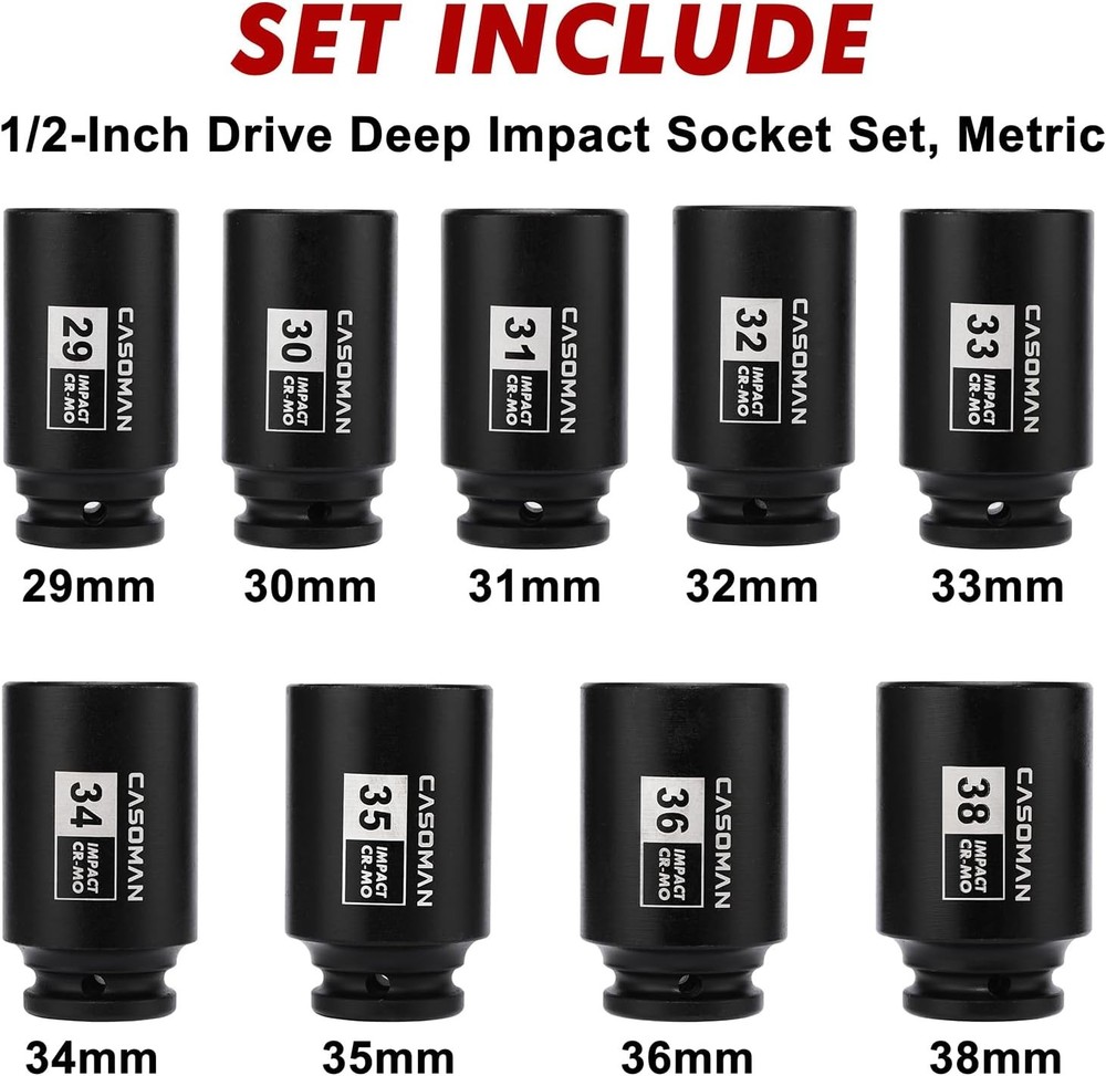 large socket set 1/2- Inch Drive Deep Spindle Axle Nut Impact Socket Set 6 Point