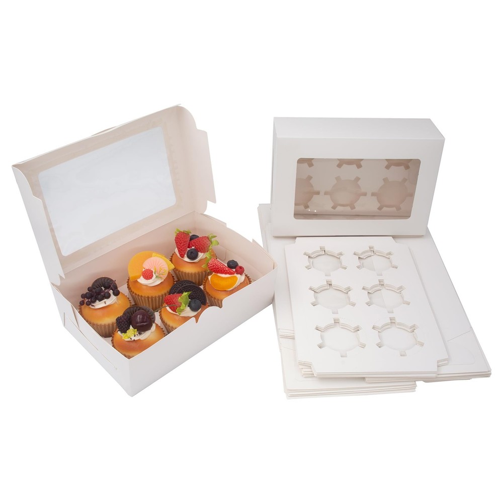 15 PCS White Cupcake Boxes Premium Carriers With Window & Inserts 6Count