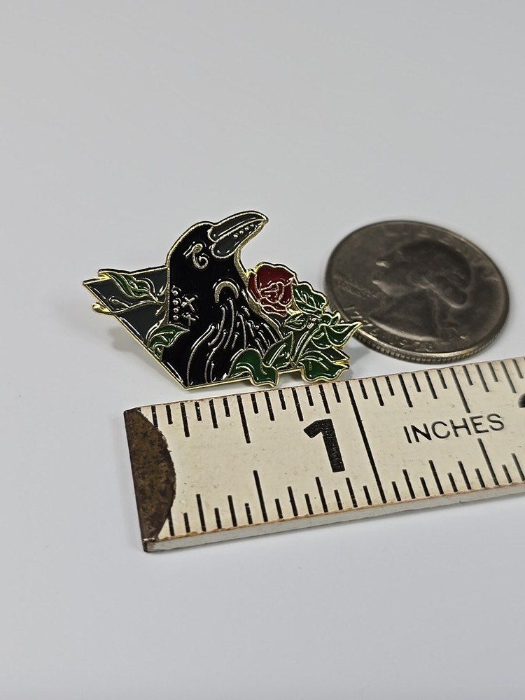Raven Black Bird With Red Rose Lapel Pin