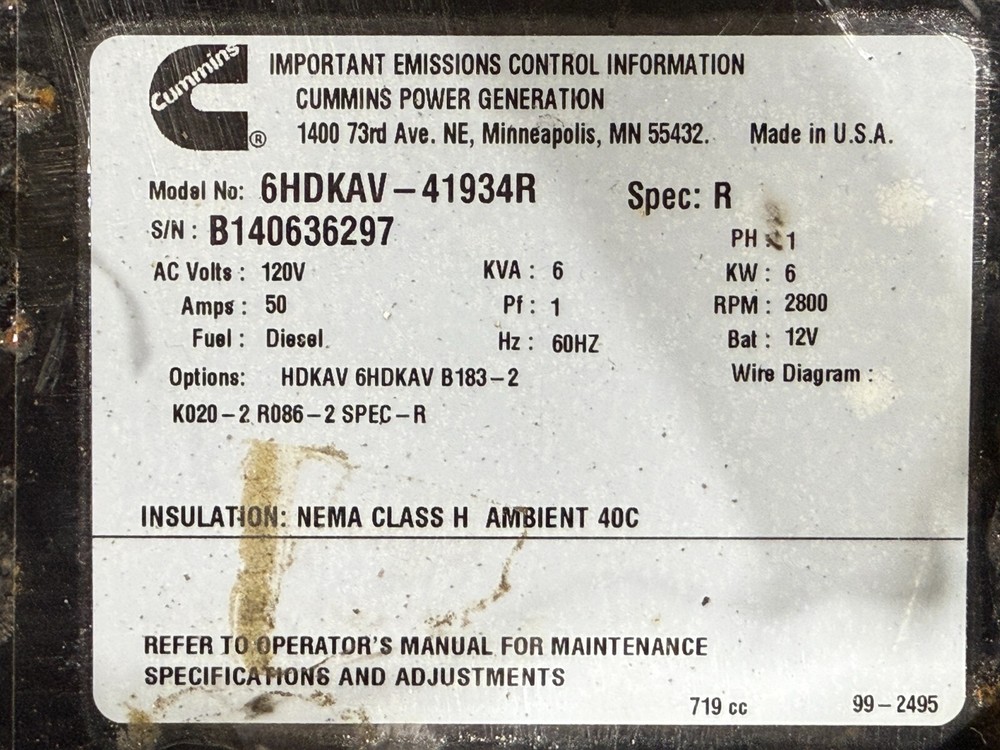 Cummins Onan generator 6KW 1730 hours
