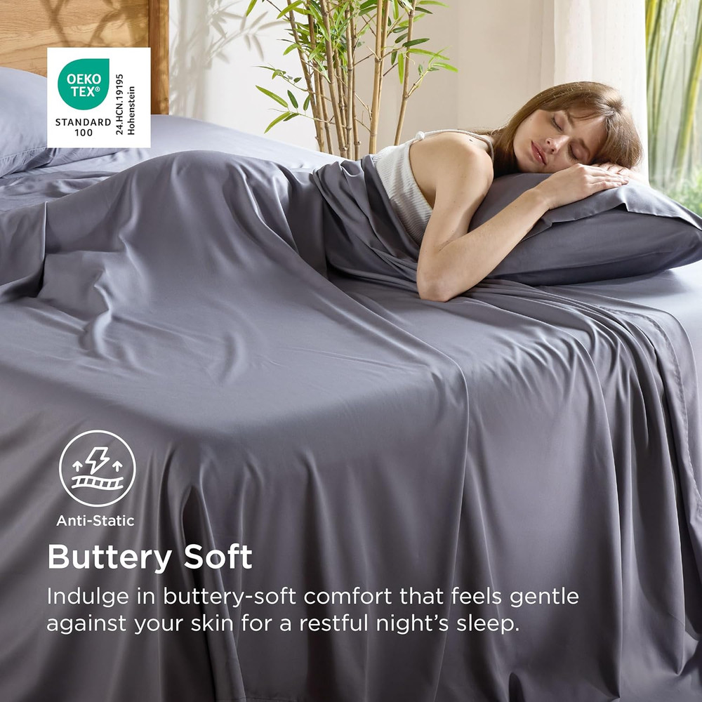 Cooling King Size Sheets Set, Bamboo Rayon, Soft & Breathable, Dark Grey