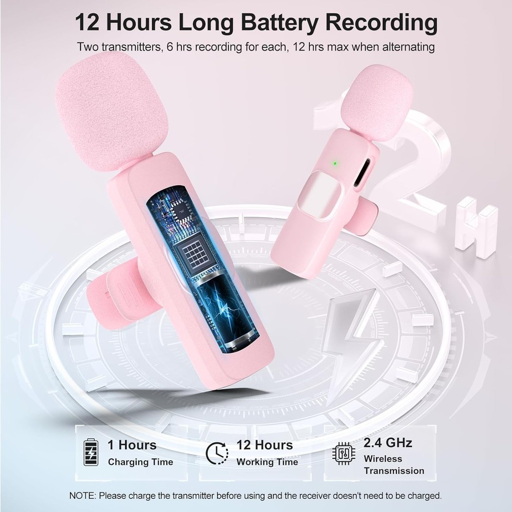 Professional Wireless Lavalier Microphone: Omnidirectional, 65ft Range, Pink