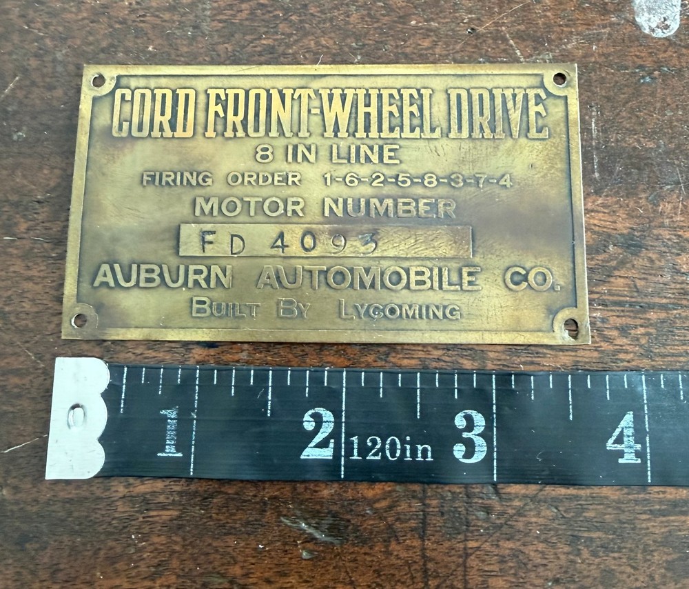 “1929–1932 Cord L-29 Front Wheel Drive Inline 8 Engine Data Plate”