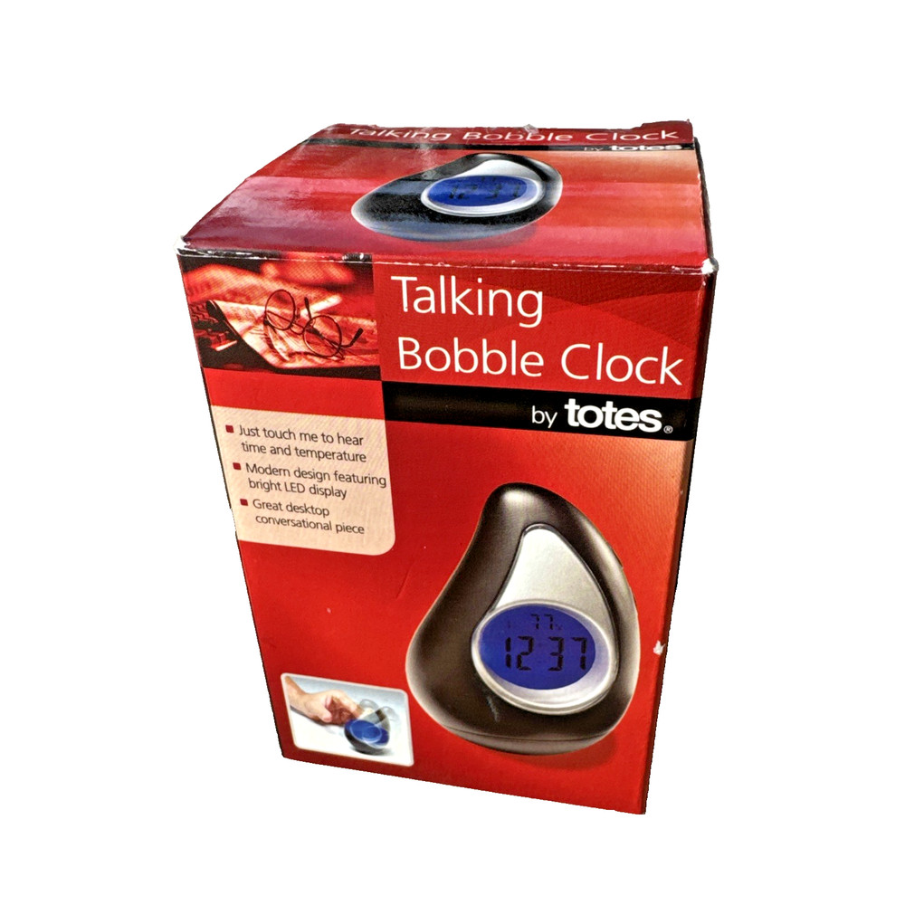 NEW Totes Talking Bobble Clock 91715 Black Silver Blue Backlight
