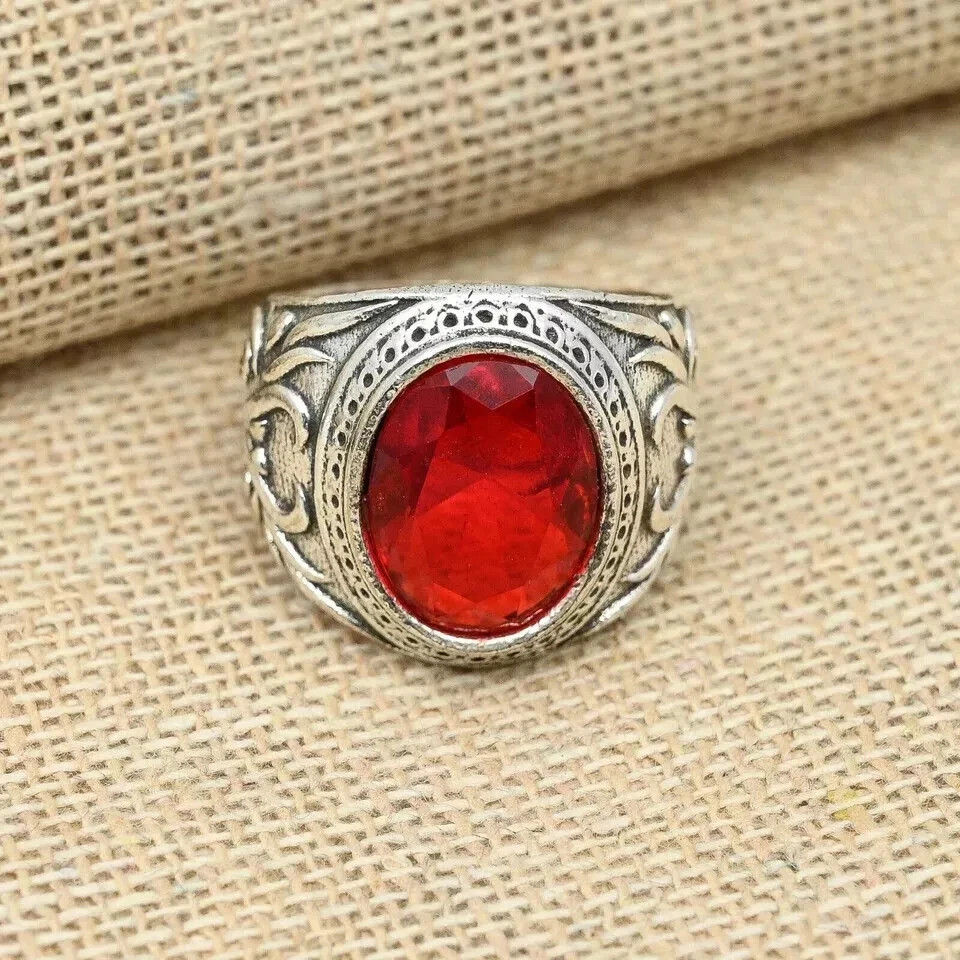 Solid 925 Sterling Silver Garnet Gemstone Ring Men's Beautiful Ring All Size S14