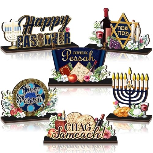 6 Pcs Table Decorations Signs Wooden Chag Sameach Tabletop Passover