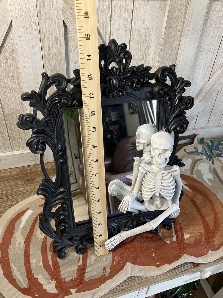 Skeleton Mirror | Halloween Gothic Decor | Ornate Black Framed Mirror