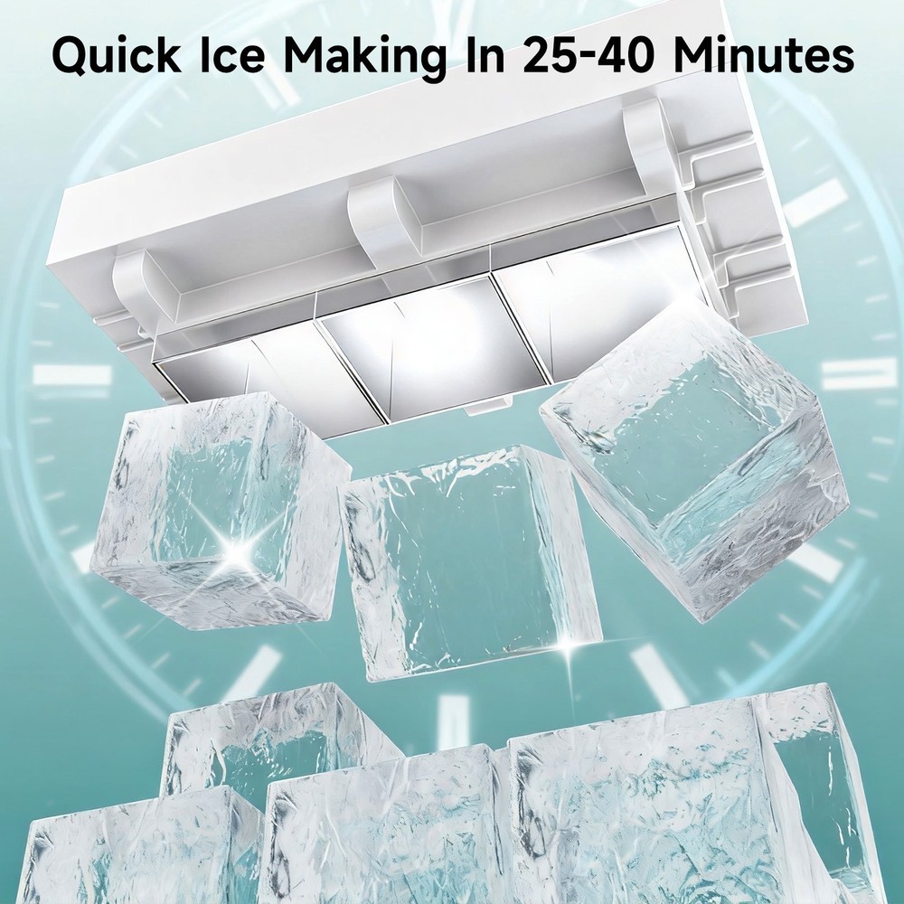 Compact Countertop Ice Machine 1.6" Square Ice Cubes Clear Ice Maker LED Light