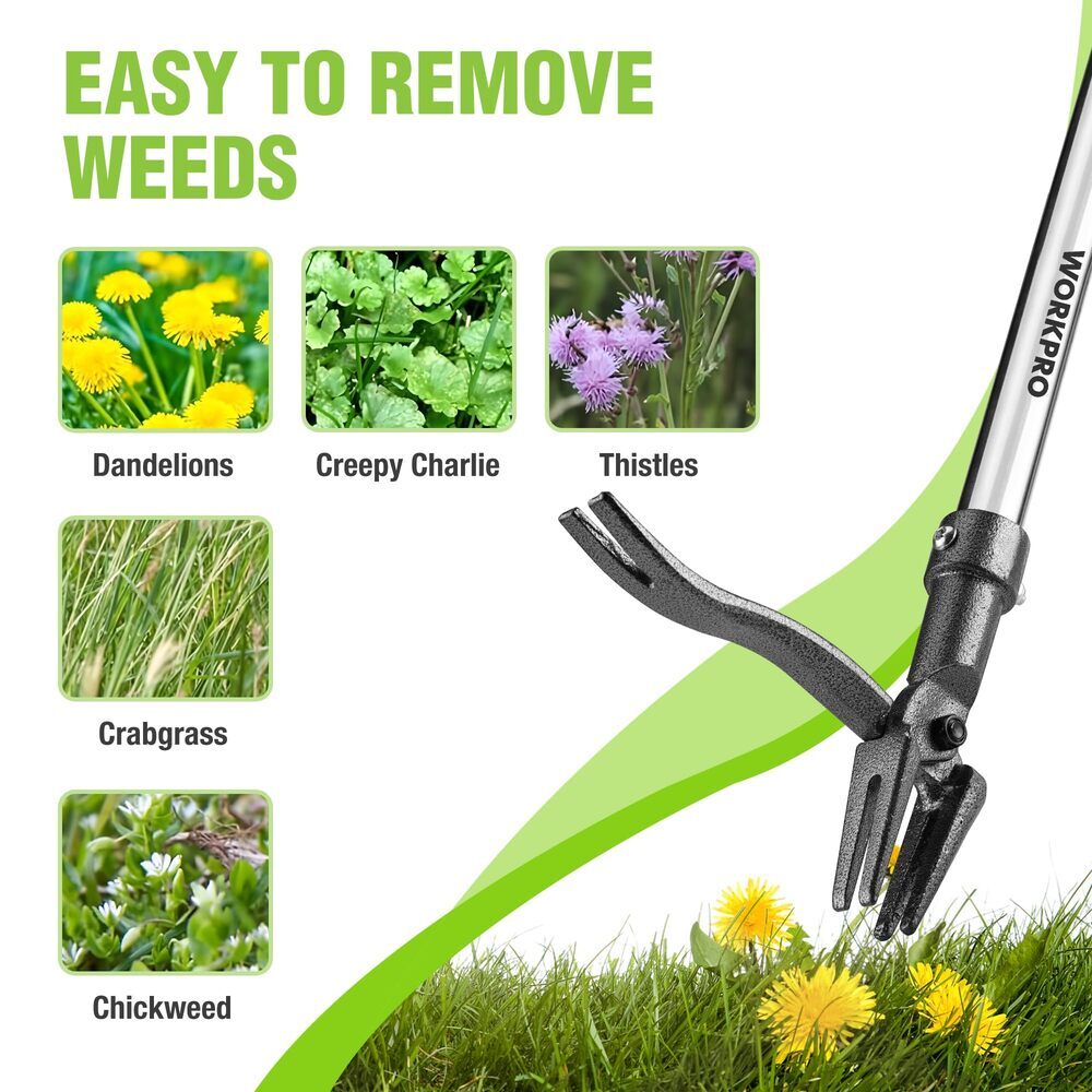 WORKPRO Heavy Duty Stand Up Weed Puller Tool 33"-46" Handle Weed Remover 4 Claws