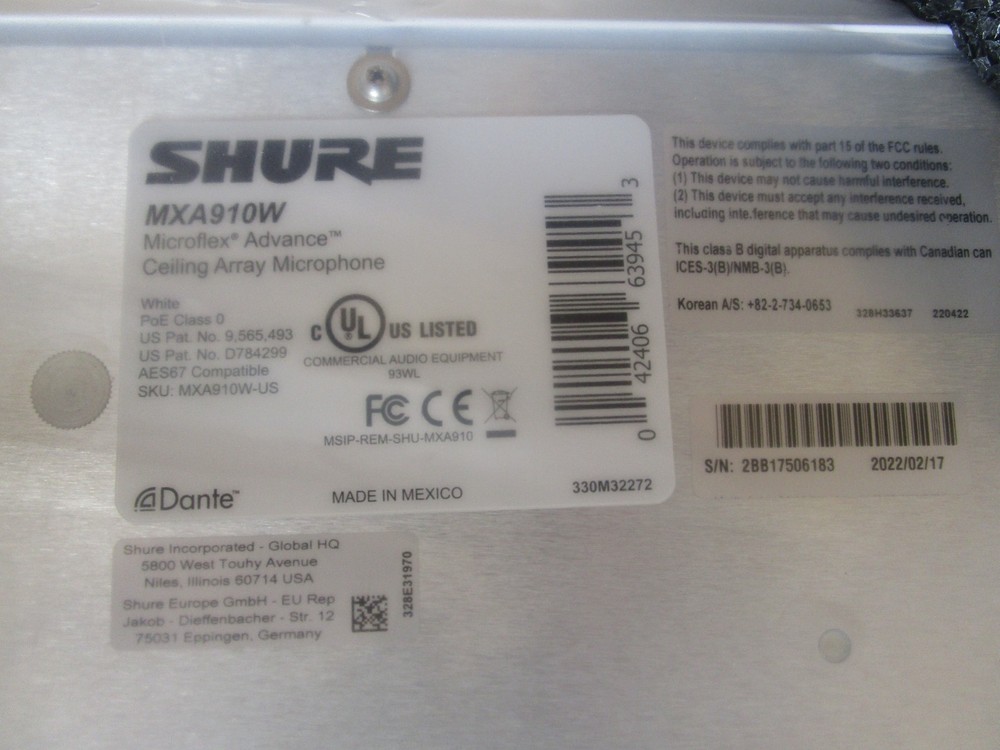 SHURE MXA910W US 24x24 Ceiling Array Microphone White NEW OPEN BOX FREE SHIP