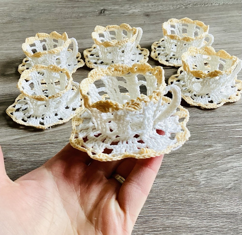 Set Of 6 Crochet Mini Tea Cup Saucer Table Setting Decor Easter Spring Egg Candy