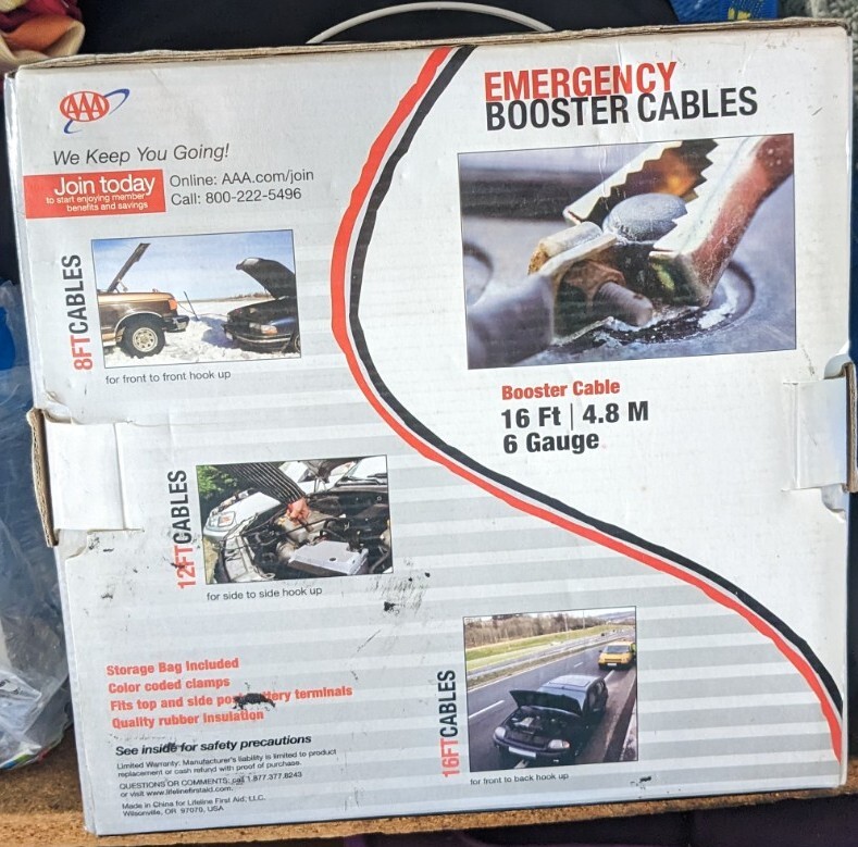 Emergency Booster Jumper Cables, AAA 16ft, Open Box