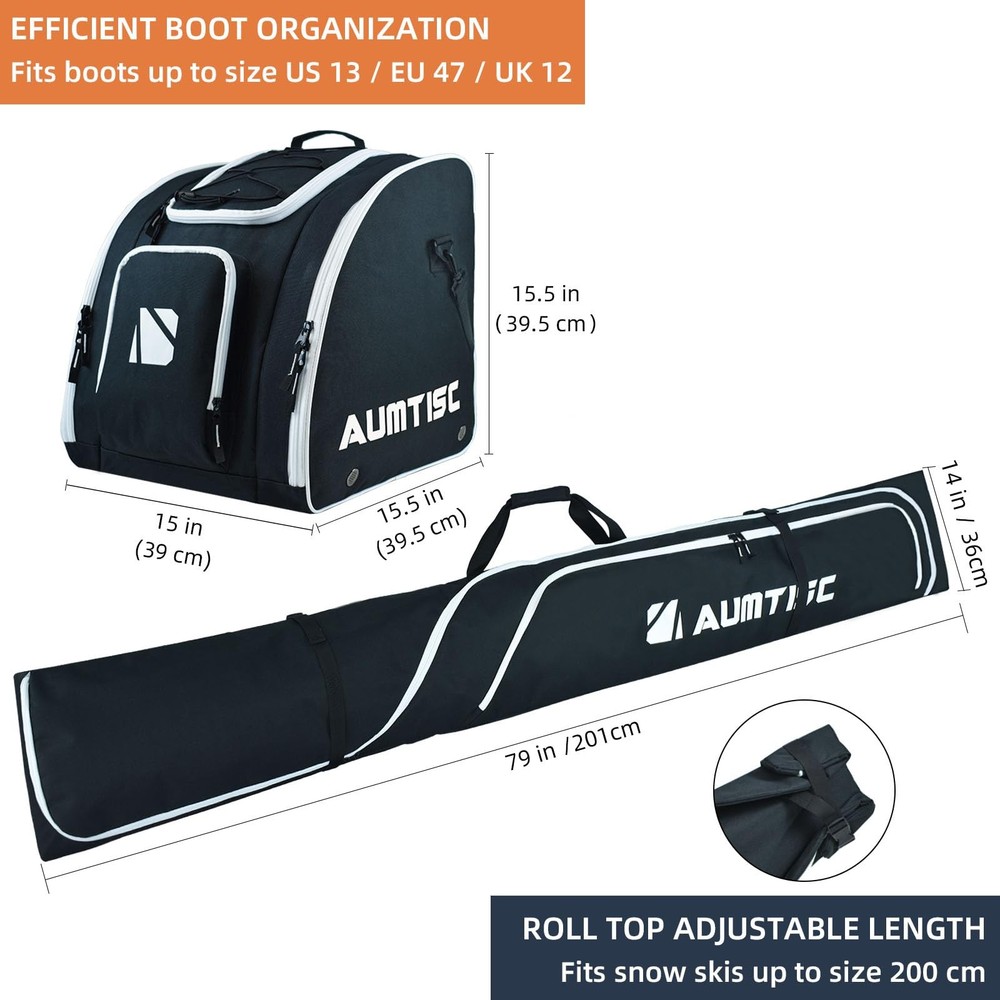 AUMTISC Ski Bag and Boot Combo, Padded Two-Piece Set Skis 200 cm, Black