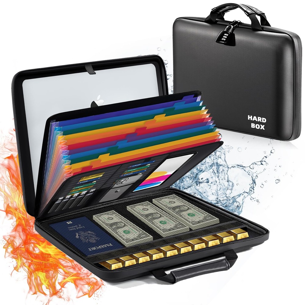 Fireproof Document Box File Organizer Hard-Shell Waterproof Lock 13-Pocket Accor