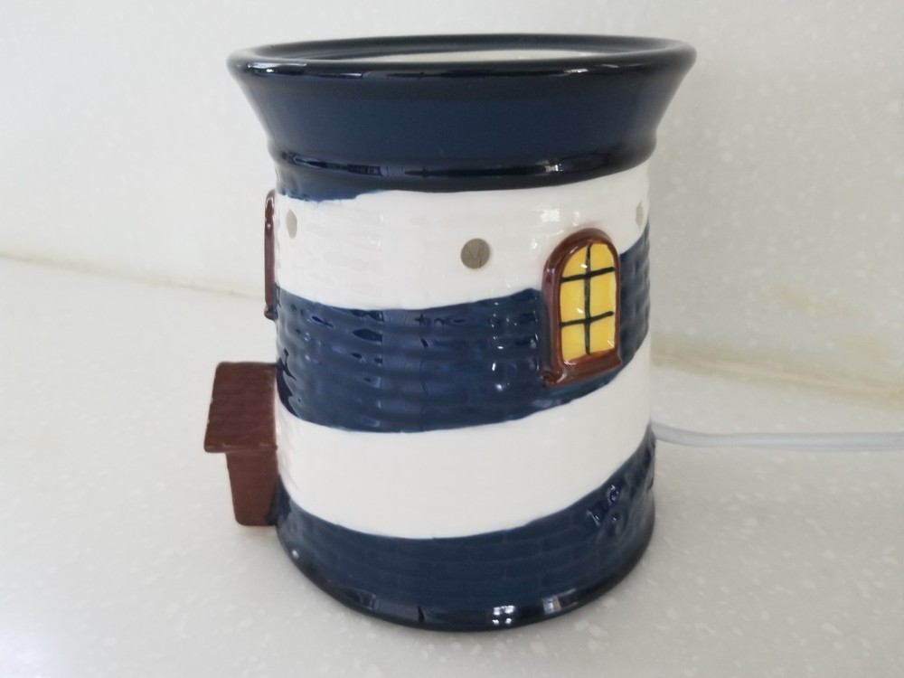 Ceramic Lighthouse Table Lamp Night Light Blue & White 5" x 4"