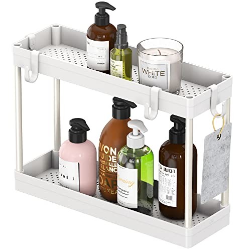 2-Tier Under Sink Organizer Storage Tray with Hooks White