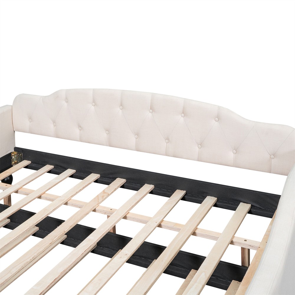 Full Size Daybed w/ Pull-Out Trundle Bed Upholstered Bed Frame Sofa Bed Beige US