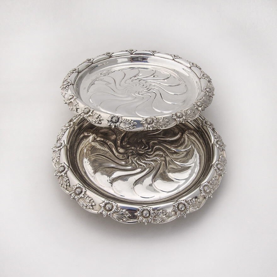 Tiffany Chrysanthemum Wine Coasters Pair Sterling Silver 1900 Mono