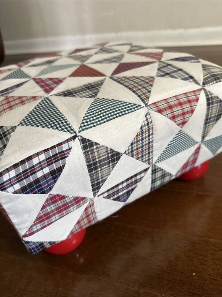 Vintage Upcycled W/ Patchwork Bow tie Fabric Low Foot Stool Ottoman Footstool