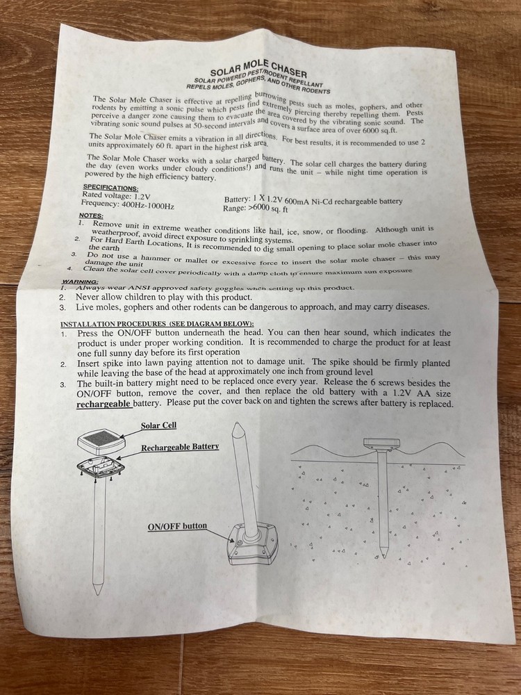One Stop Gardens Solar Mole Gopher Rodent Chaser with Original Box